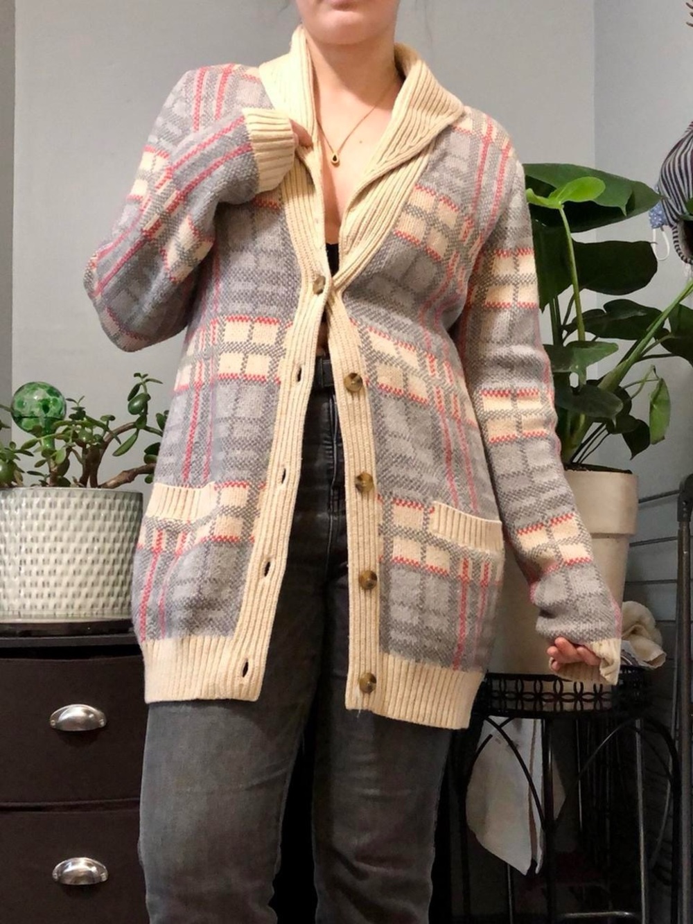 Lands' End Cream, Gray and Pink Plaid Shawl-Collar Cardigan